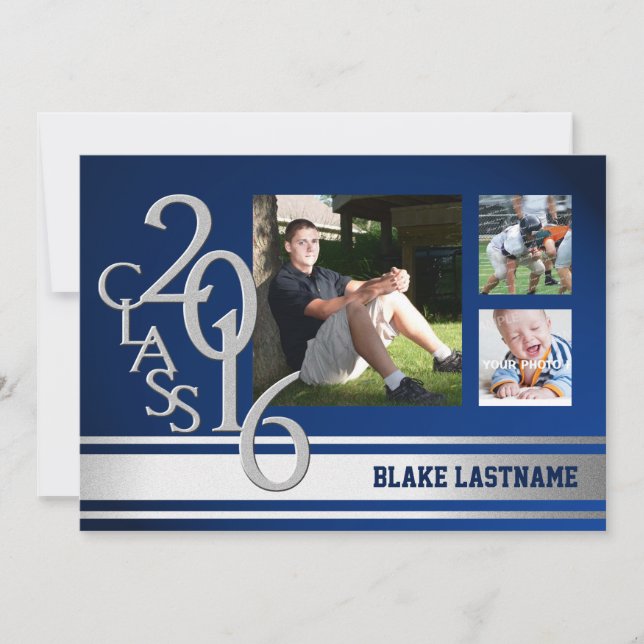 2016 Silver Varsity Stripe Graduate Tri Photo Blue Invitation (Front)
