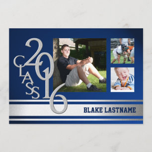 2016 Silver Varsity Stripe Graduate Tri Photo Blue Invitation