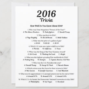 2016 Trivia Game 10th Birthday Party Game