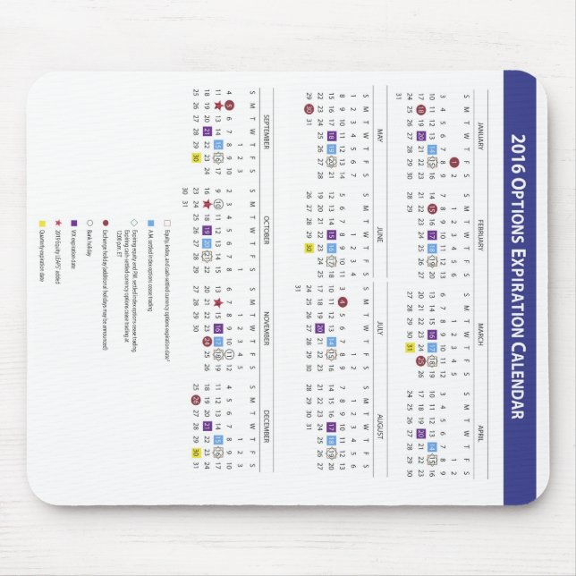 2016 US Equity Option Expiration Calendar Mouse Mat (Front)