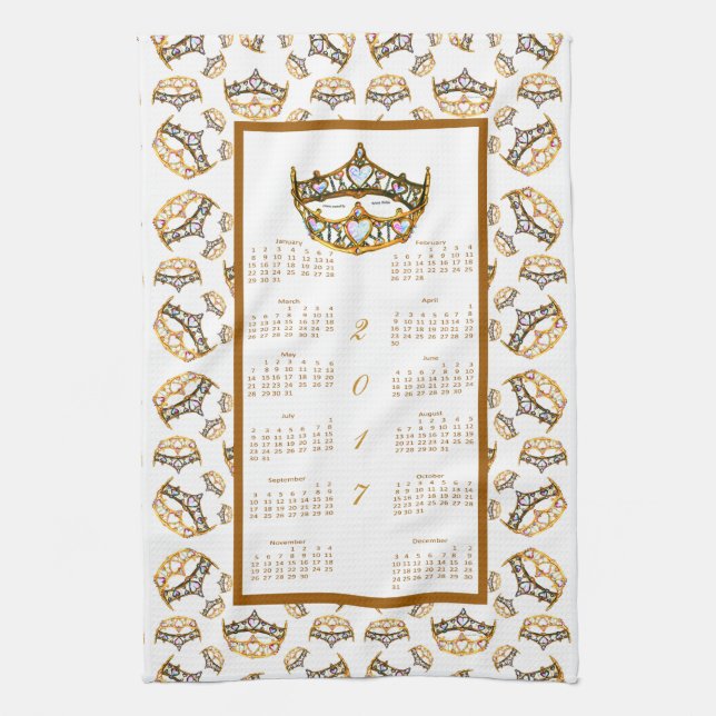 2017 Calendar gold crown tiara Kitchen Tea Towel (Vertical)