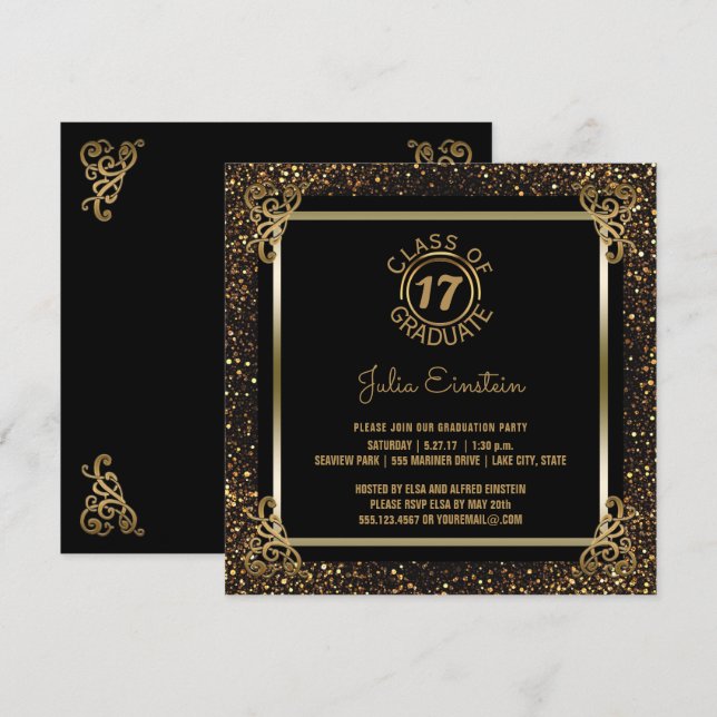 2017 Graduation Party | Elegant Black Gold Glitter Invitation (Front/Back)