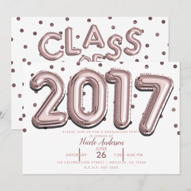 2017 GRADUATION PARTY Rose Gold Confetti Balloons Invitation (Front/Back)
