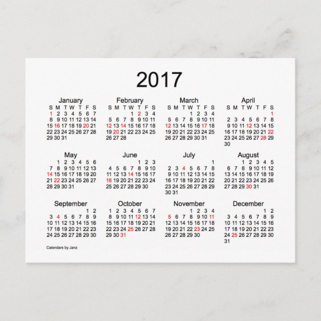 2017 Mini Calendar by Janz with Holidays Postcard (Front)
