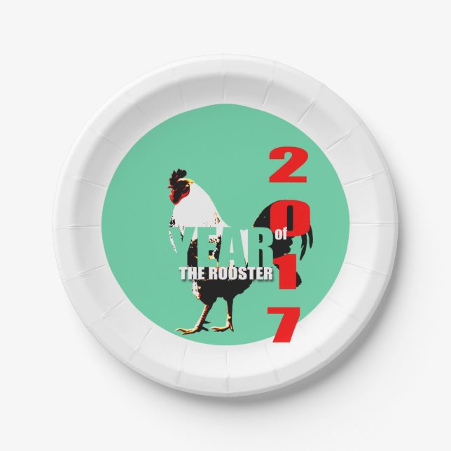 2017 Rooster Year in Green Circle paper plate (Front)