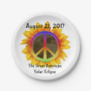 2017 Solar Eclipse, Sunflower and Peace Symbol Paper Plate