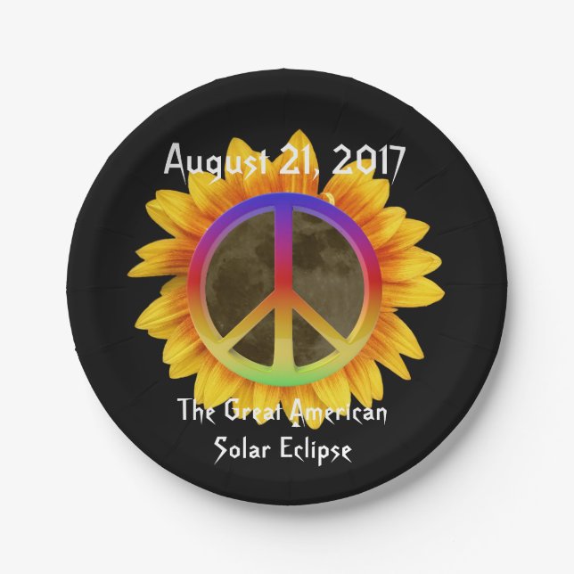 2017 Solar Eclipse, Sunflower and Peace Symbol Paper Plate (Front)