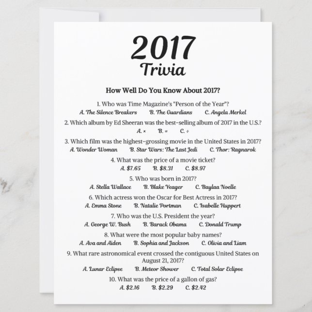 2017 Trivia Game | 9th Birthday Party Game (Front)