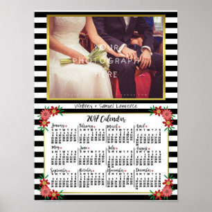 2017 Year Calendar Trendy Floral Stripes Photo Poster