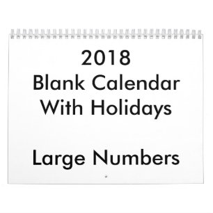 2018 Blank Calendar With Holidays Large Numbers