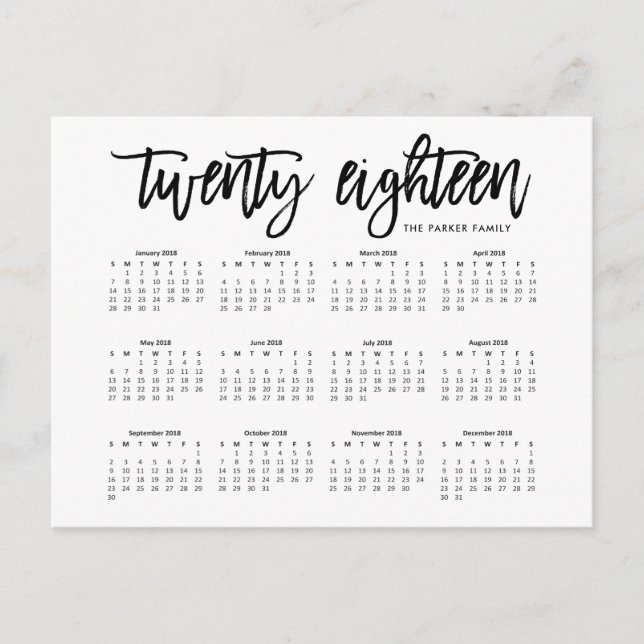 2018 Calendar | Modern Typography Postcard (Front)