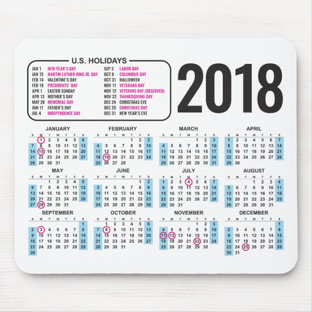 2018 Calendar Mousepad with U.S. Holidays (Front)