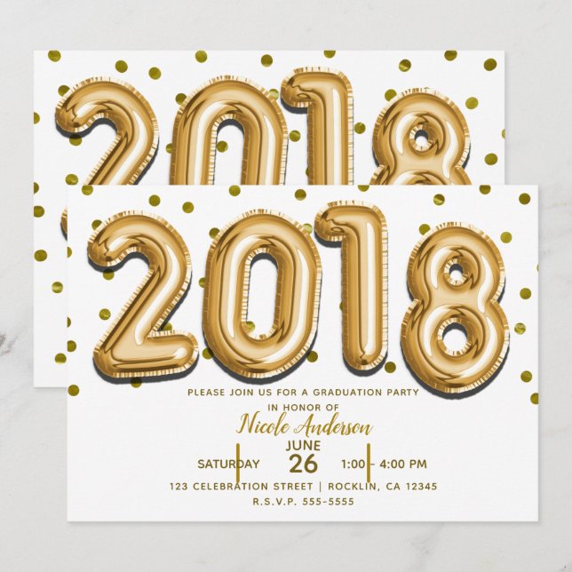 2018 GRADUATION PARTY Gold Confetti Balloons Invitation (Front/Back)