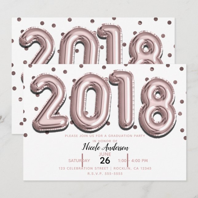 2018 GRADUATION PARTY Rose Gold Confetti Balloons Invitation (Front/Back)