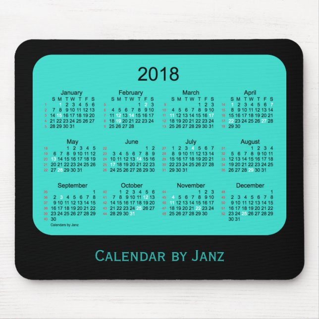 2018 Holiday 52 Weeks Turquoise Calendar by Janz Mouse Mat (Front)