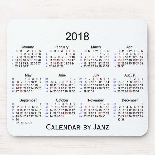 2018 Holiday 52 Weeks White Calendar by Janz Mouse Mat (Front)
