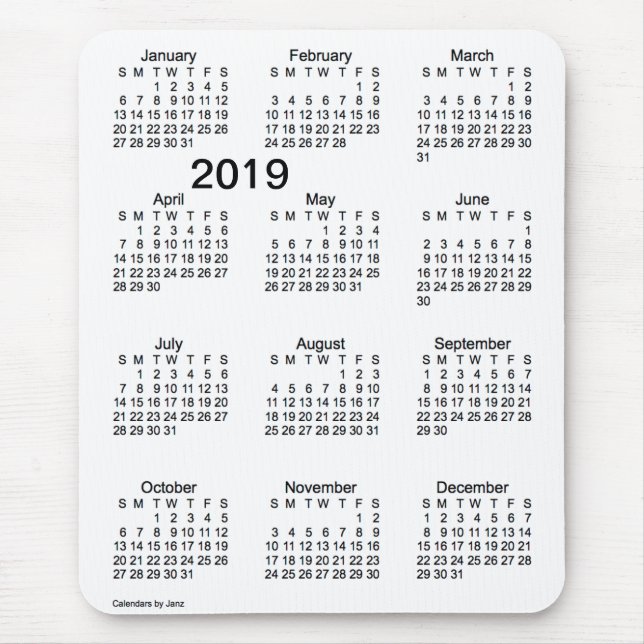 2019 Black and White Large Print Calendar by Janz Mouse Mat (Front)