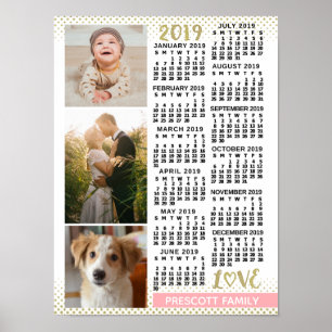2019 Calendar Blush Pink Gold Family Photo Collage Poster