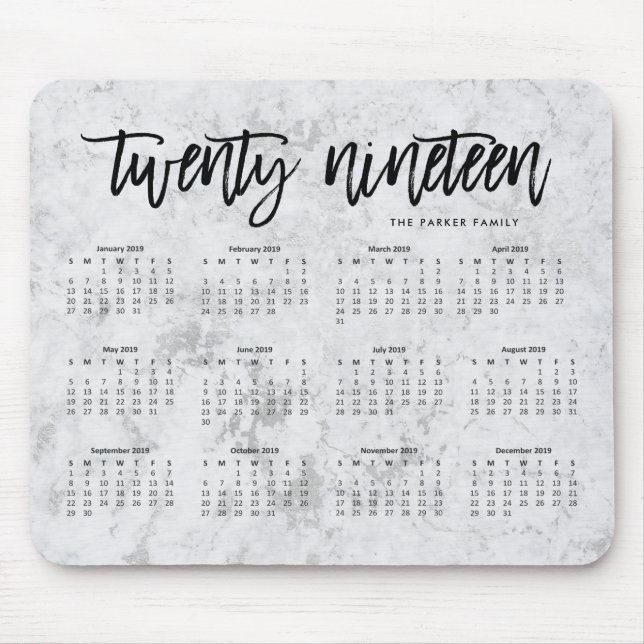 2019 Calendar | Modern Typography and Marble Look Mouse Mat (Front)