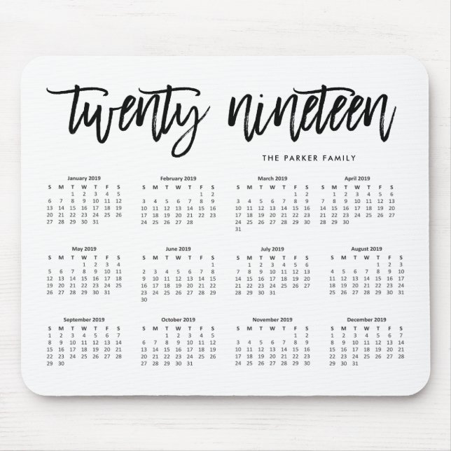 2019 Calendar | Modern Typography Mouse Mat (Front)