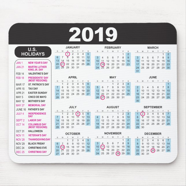 2019 Calendar Mousepad with U.S. Holidays (Front)