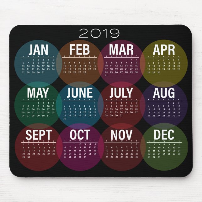2019 Colourful Calendar on Black Mouse Mat (Front)