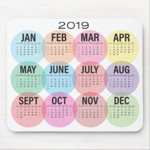 2019 Colourful Calendar on White Mouse Mat