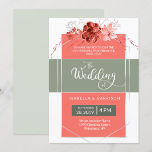 2019 Coral Sage Modern Floral Geometric Wedding Invitation