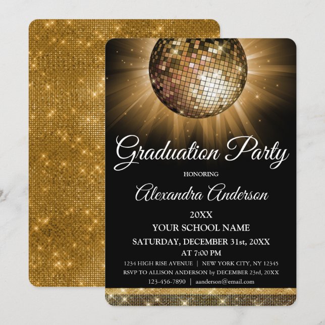 2019 Graduation Party Gold Disco Ball Sparkle Invitation (Front/Back)