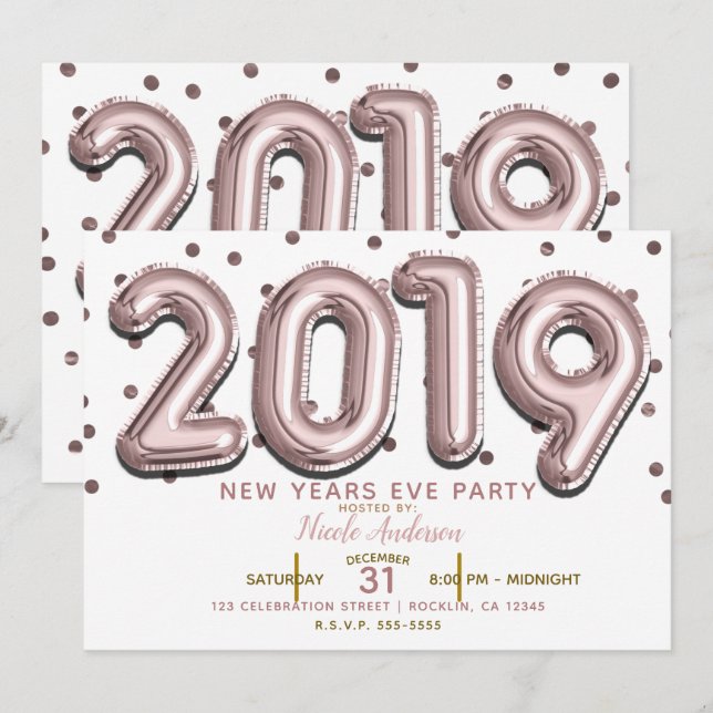 2019 New Years Eve Party Rose Gold Balloons Invitation (Front/Back)
