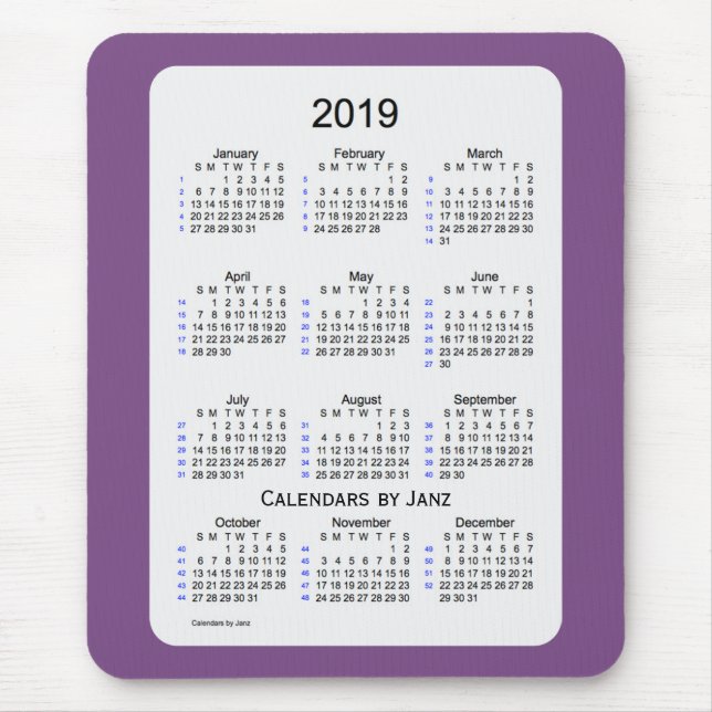 2019 Purple Smoke 52 Week Calendar by Janz Mouse Mat (Front)