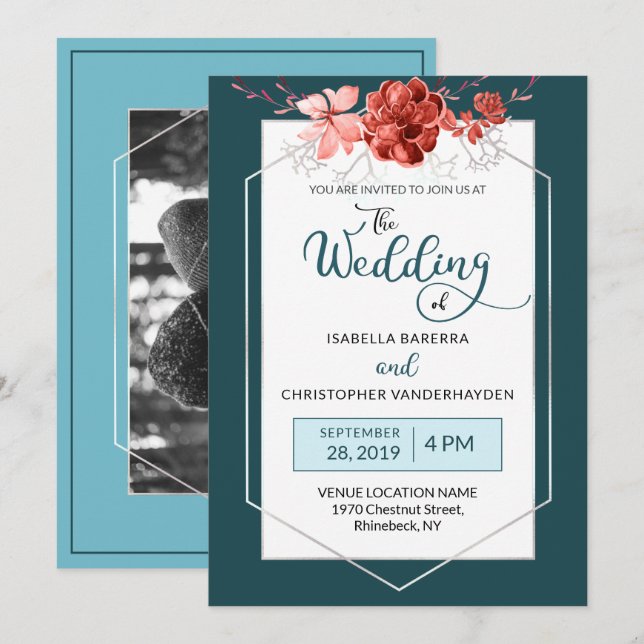 2019 Teal & Coral Floral Geometric Photo Wedding Invitation (Front/Back)