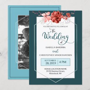2019 Teal & Coral Floral Geometric Photo Wedding Invitation