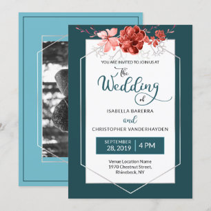 2019 Teal & Coral Floral Geometric Photo Wedding Invitation