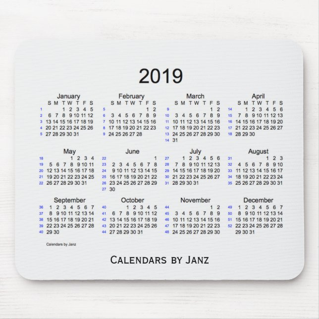 2019 White Smoke 52 Week Calendar by Janz Mouse Mat (Front)