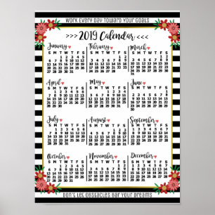 2019 Year Calendar Floral Stripes Custom Text Poster