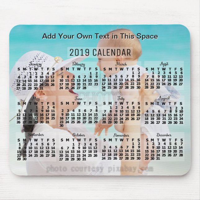 2019 Year Monthly Calendar Black Add Photo Text Mouse Mat (Front)