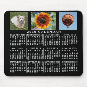 2019 Year Monthly Calendar Black Custom 3 Photos Mouse Mat