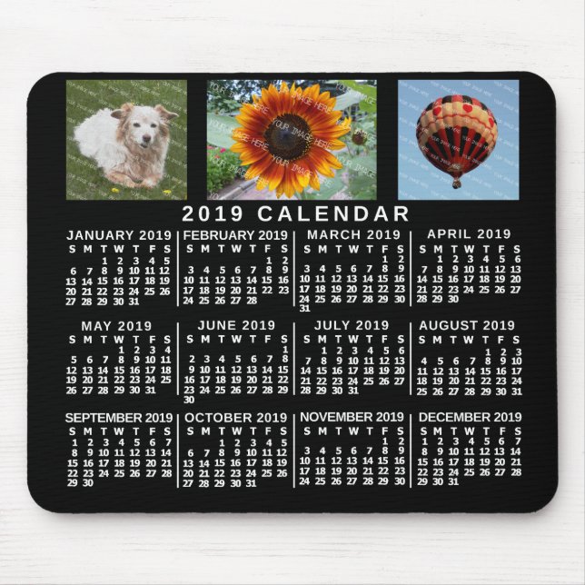 2019 Year Monthly Calendar Black Custom 3 Photos Mouse Mat (Front)
