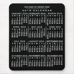 2019 Year Monthly Calendar Black White Custom Name Mouse Mat