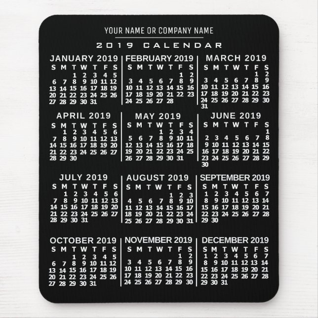 2019 Year Monthly Calendar Black White Custom Name Mouse Mat (Front)