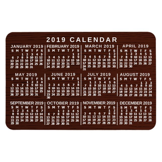 2019 Year Monthly Calendar Brown Wood Grain Simple Magnet (Horizontal)