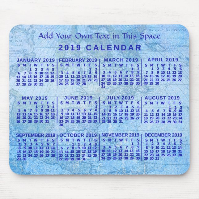 2019 Year Monthly Calendar Custom Blue Antique Map Mouse Mat (Front)