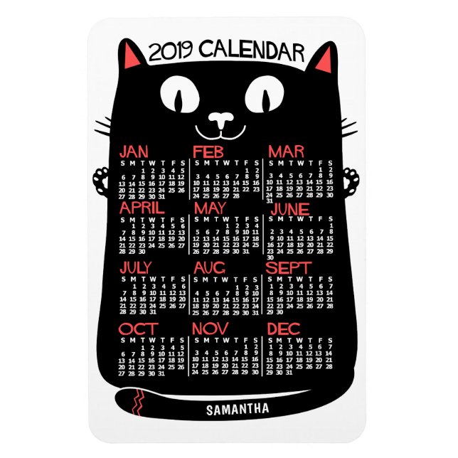 2019 Year Monthly Calendar Mid-Century Black Cat Magnet (Vertical)