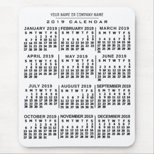 2019 Year Monthly Calendar White Black Custom Name Mouse Mat