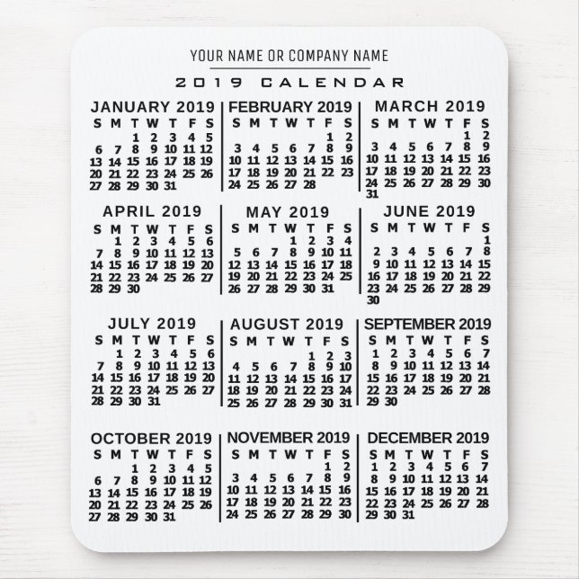 2019 Year Monthly Calendar White Black Custom Name Mouse Mat (Front)