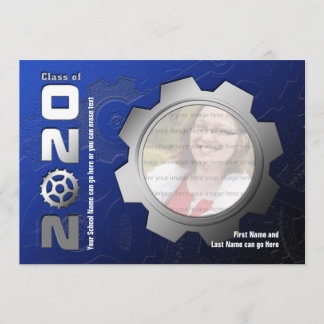 2020 Blue and Silver Gear Graduation Invitation
