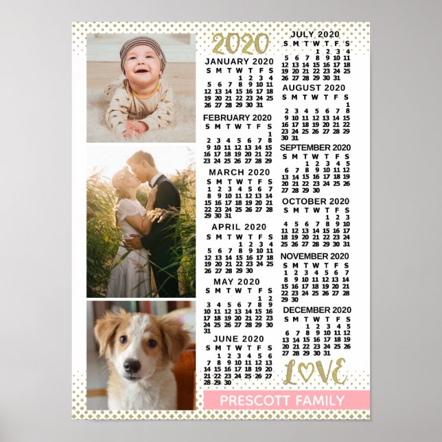 2020 Calendar Blush Pink Gold Family Photo Collage Poster (Front)