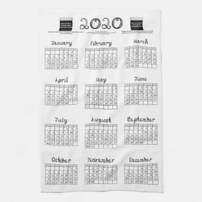 2020 calendar bolts fabric black white kitchen tea towel (Vertical)