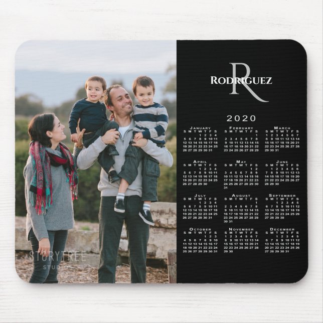 2020 Calendar Custom Photo Monogram Name on Black Mouse Mat (Front)